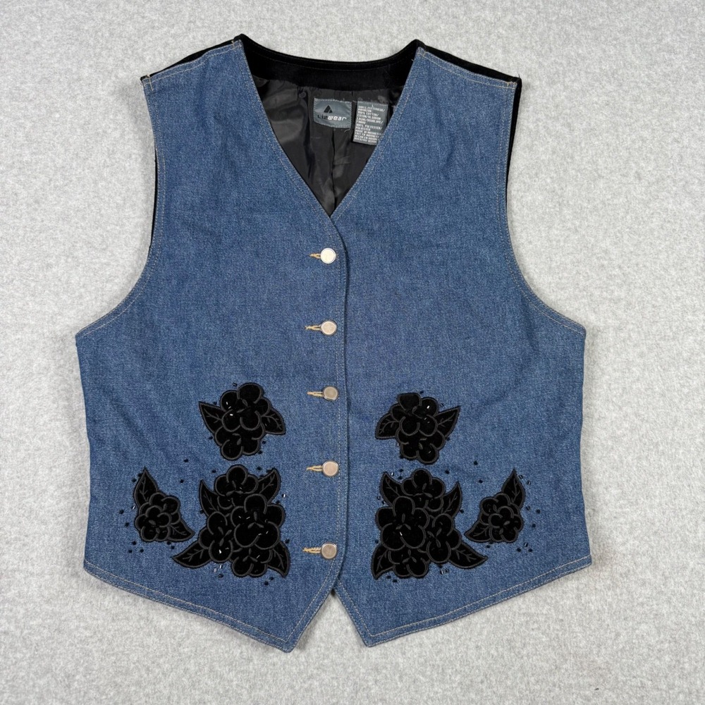 Vintage 90s Lizwear Denim Velvet Floral Applique Teacher Vest Blue Black Large